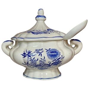 Blue and White Floral Soup Tureen with Ladle